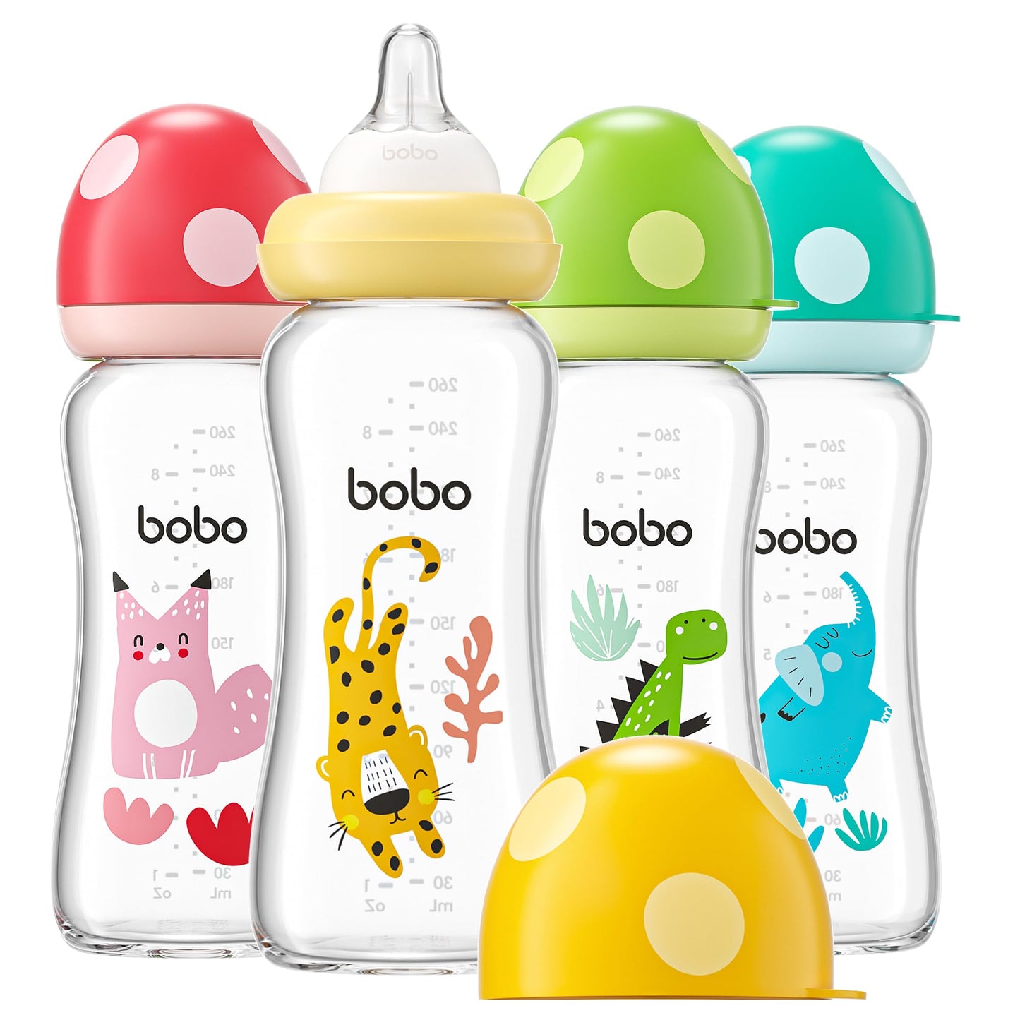 YOHKOH Natural Glass Baby Bottle with Natural Response Nipple, Newborn Anti-Colic Baby Bottles, Wide Neck Mushroom Cap Baby Bottle, Clear (8.8ounce (Pack of 4), Multicolour1)