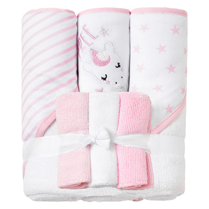 Viviland Baby Towels and Baby Wash Cloths Set Hooded Baby Towels Baby Wipes Absorbent Bath Face Towels Burp Cloths or Face Towels for Girl Boy 6-Pack Size 28 x 28 Inch(Elephant Flower)