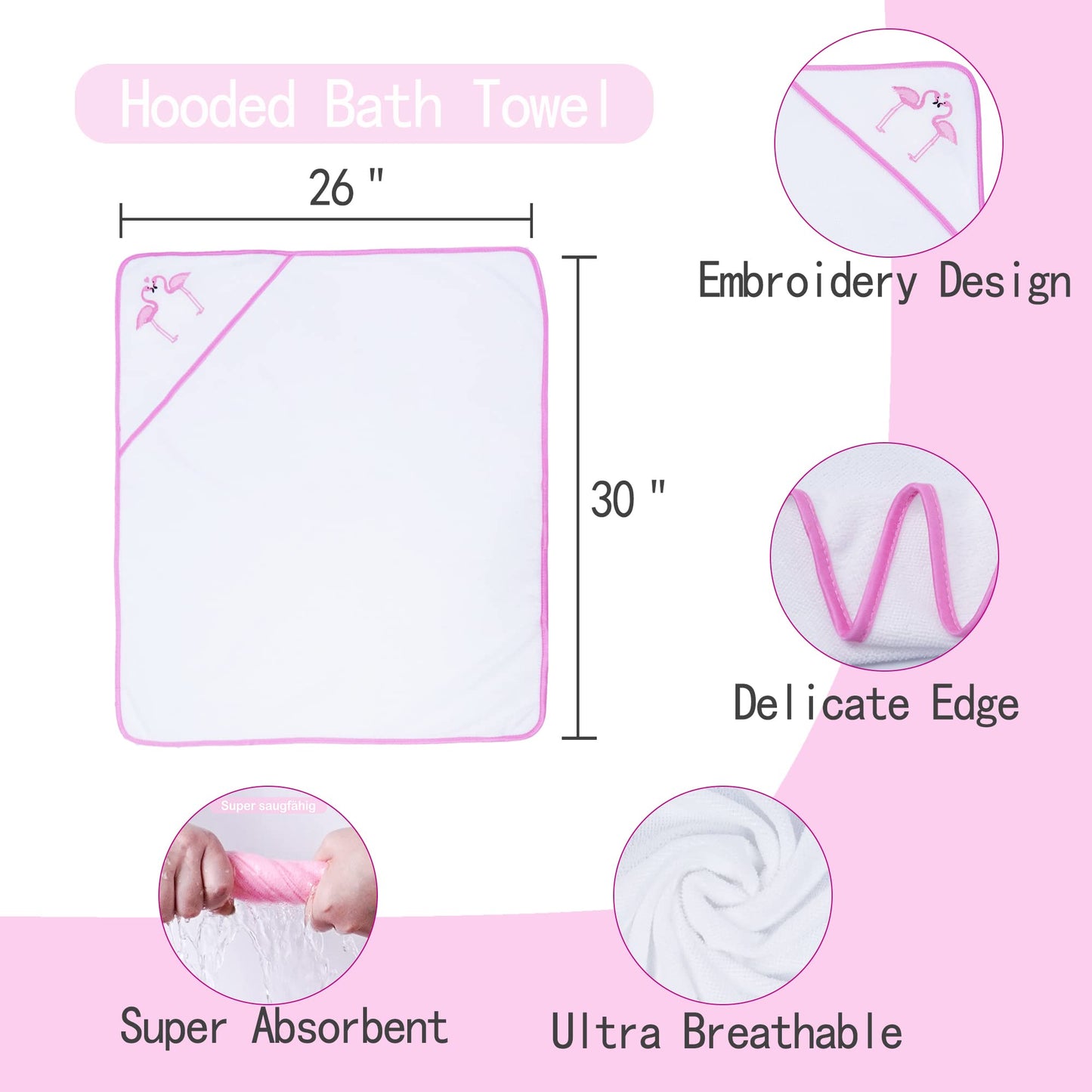 Viviland Baby Towels and Baby Wash Cloths Set Hooded Baby Towels Baby Wipes Absorbent Bath Face Towels Burp Cloths or Face Towels for Girl Boy 6-Pack Size 28 x 28 Inch(Elephant Flower)