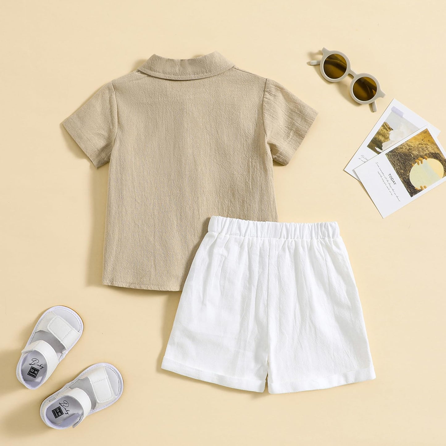 Toddler Baby Boy Linen Outfit Button Down Shirt Plain Shorts Cute Infant Newborn Photoshoot Clothes Summer 2Pcs Set