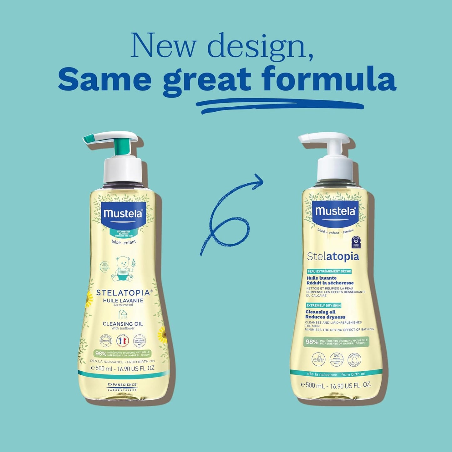 Mustela Stelatopia Eczema-Prone Skin Cleansing Oil - Baby Body Wash with Natural Avocado & Sunflower Oil - Family Skin Care Essentials - EWG Verified - Fragrance-Free & Tear Free - 16.9 fl. oz.