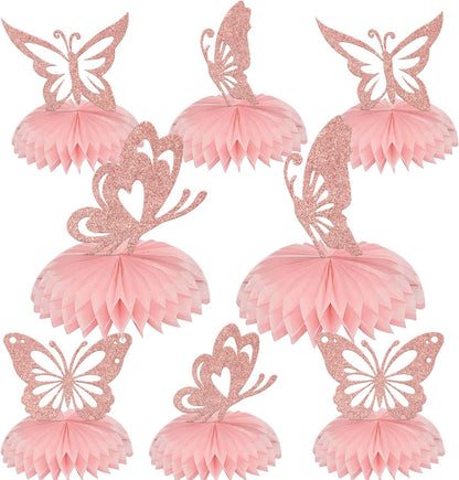 Butterfly Honeycomb Centerpieces, Butterfly Themed Baby Shower Party Decorations, Baby Girl Gender Reveal Party Table Toppers Supplies 8 Pcs Rose Gold (Double Sided Glitter Paper)…