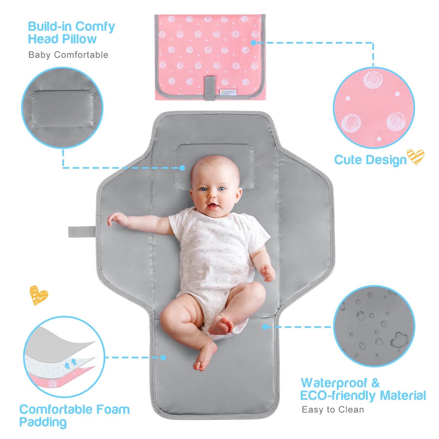Baby Portable Changing Pad Travel - Waterproof Compact Diaper Changing Mat with Built-in Pillow - Lightweight & Foldable Changing Station, Newborn Shower Gifts