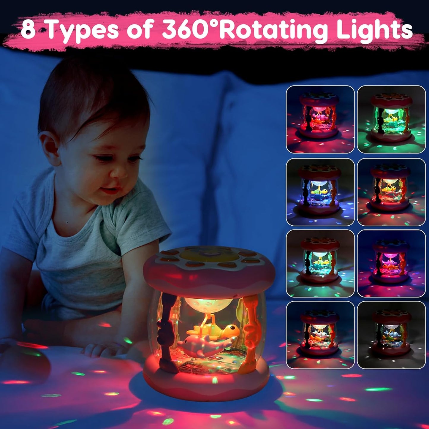 Baby Musical Light Up Toys 0-6 Months Tummy Time Ocean Projector Rotating Infant 0-3 3-6 7 8 9 Months Learning Crawling Pink Toys Babies 6-12 Month Girls 1 2 3 Year Old Birthday Newborn Gifts