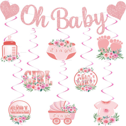 Pre-Strung Baby Shower Banner Oh Baby Sign Rose Gold Glittery Letters | Teddy Bear Gender Reveal Decorations | Baby Sprinkle Decorations for Girl Boy | Baby Gender Reveal Party Decoration Supplies