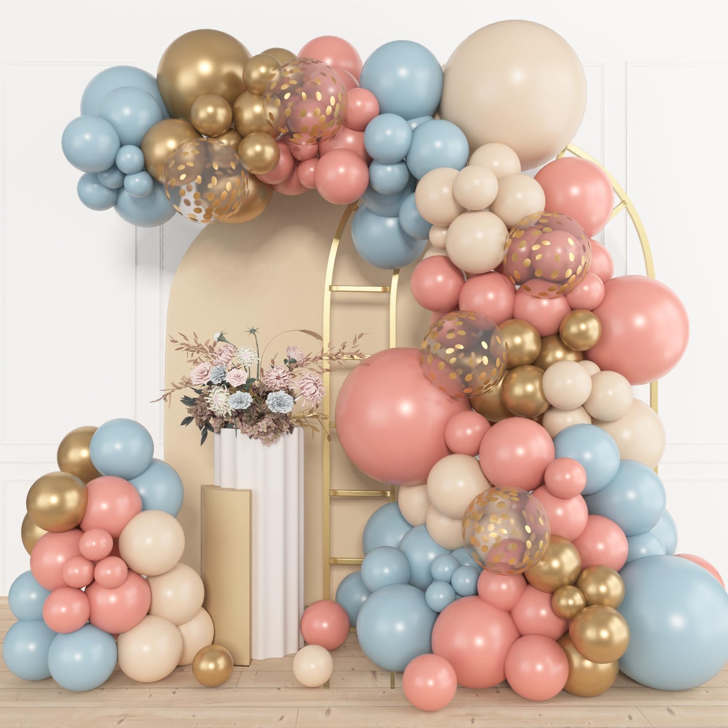 Amandir 153pcs Sage Green Balloon Garland Arch Kit, Different Sizes 18 12 10 5 inch Green Blush Gold Latex Metallic Confetti Gold Balloons for Birthday Baby Shower Wedding Safari Forest Decorations