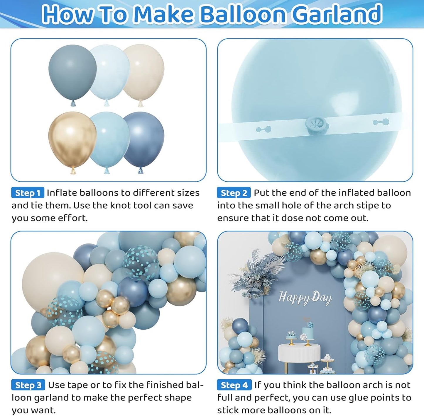 172Pcs Dusty Blue Balloons Arch Garland Kit, Dusty Baby Pastel Blue Chrome Gold Blue Sand White Confetti Balloon for Boy Baby Shower Decorations Bridal Shower Gender Reveal Birthday Party Supplies