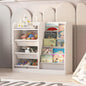 White Kids Bookshelf Wood Toy Storage Organizer Cabinet Children Bookcase Toddler Baby Sling Book Rack 3 Cube Bins Fabric Drawers for Playroom Bedroom Nursery School
