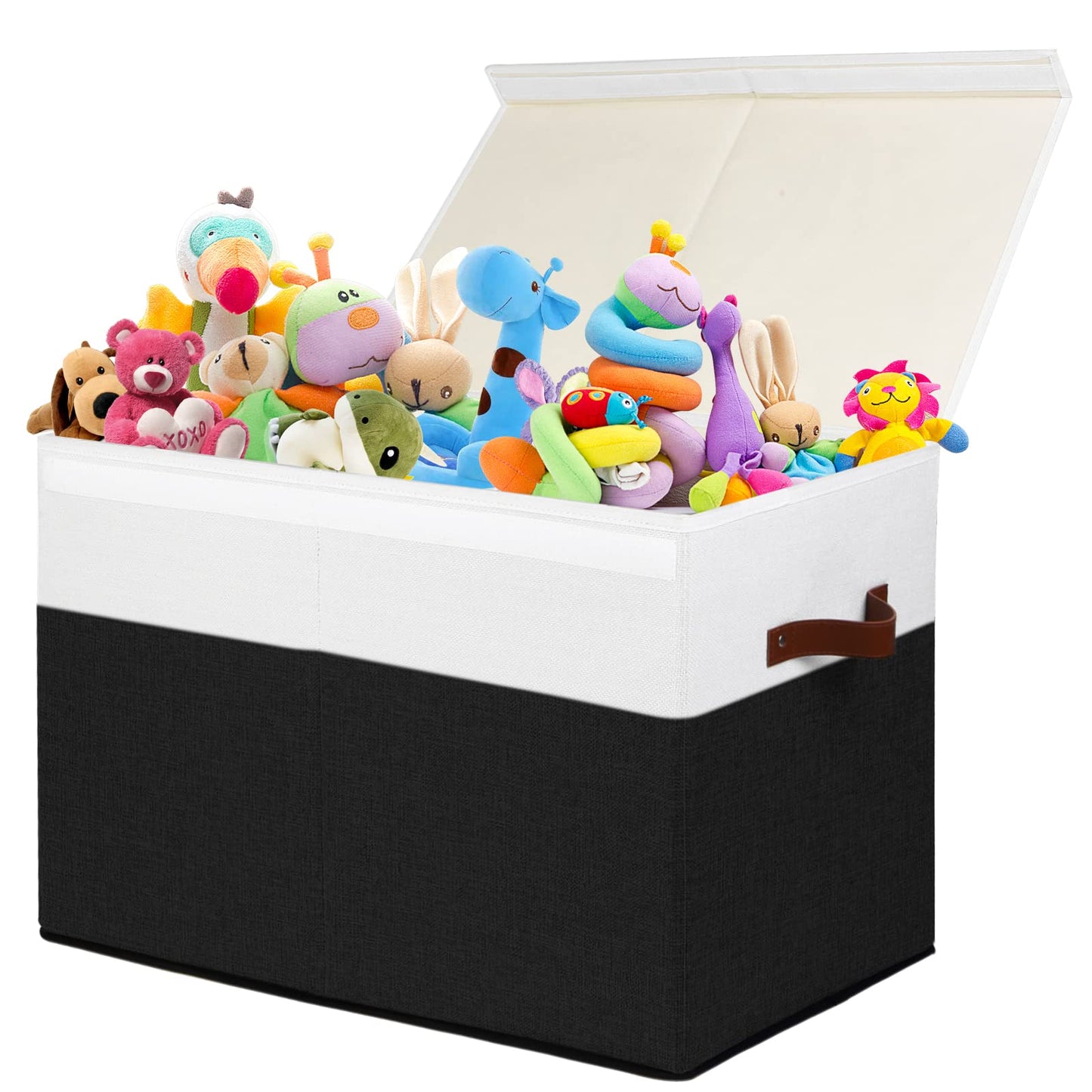 Large Toy Storage Box with Lid, Sturdy Toys Storage Chest Bin Organizer Basket with Dividers for Kids, Boys, Girls, Nursery, Closet, Bedroom, Playroom 25"x13" x16" (Beige and White)