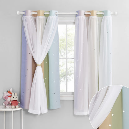 NICETOWN Nursery Curtains for Kids, Farmhouse Blackout Curtain Panels for Bedroom, Double Layer Star Hollow-Out Grommet Aesthetic Living Room Toddler Window Curtains, 2 Pcs, W52 x L84, Biscotti Beige