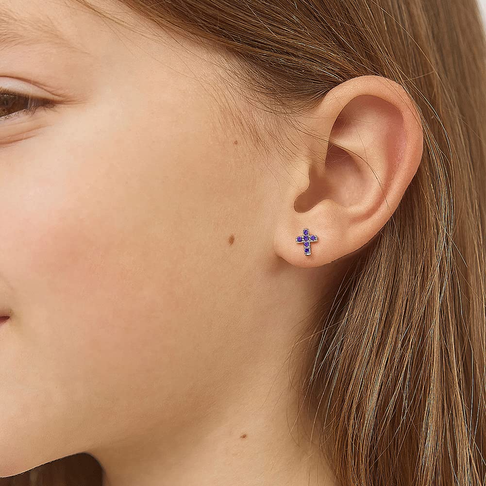 925 Sterling Silver Cubic Zirconia Little Cross Shape Stud Earrings with Safety Screw Back Lock for Toddlers, Little Girls, Pre-Teens & Teens - Christian Jewelry for Sweet & Loving Children