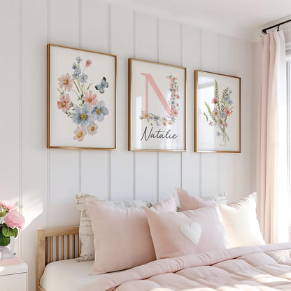 Personalized Wildflower Nursery Prints, Custom Floral Name Wall Art, Baby Girl Initial Monogram Posters, Boho Watercolor Wild Flower Artwork - Unframed (Autumn Meadow, 8x10)