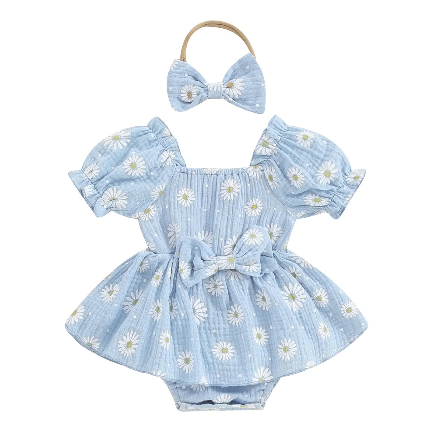Baby Girls Daisy Romper Bowknot Bodysuit+Headband Short Sleeve Playsuits Floral Jumpsuit Infant Summer Clothes