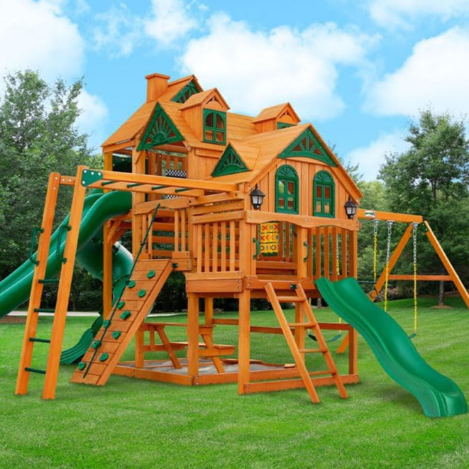 Gorilla Playsets 01-0089-AP Empire Wood Swing Set with 3 Play Decks, 3 Slides, and Monkey Bars, Brown