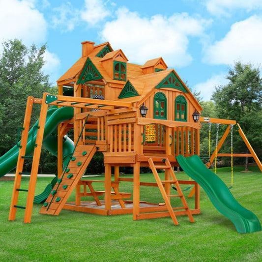 Gorilla Playsets 01-0089-AP Empire Wood Swing Set with 3 Play Decks, 3 Slides, and Monkey Bars, Brown
