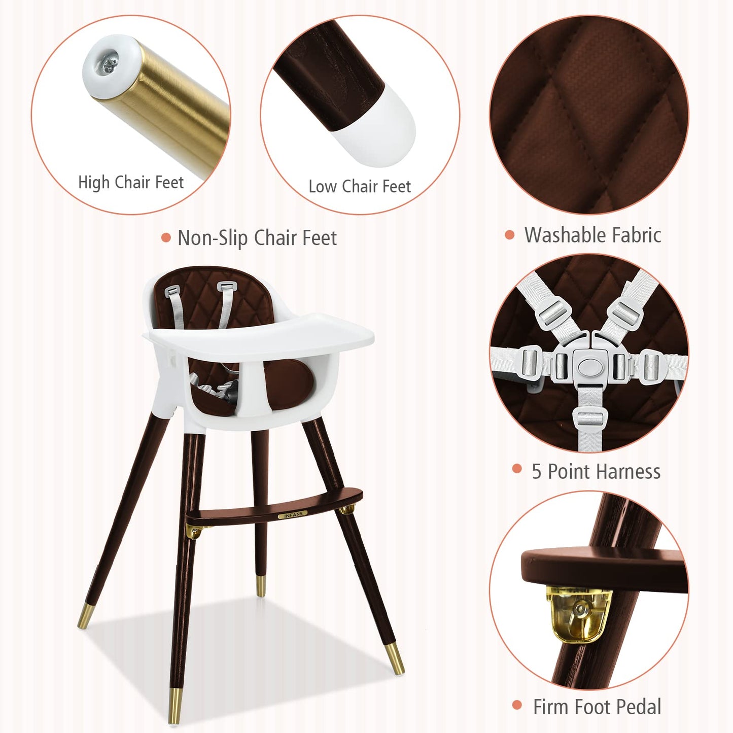 INFANS Baby High Chair, 3 in 1 Convertible Wooden Highchair for Babies & Toddlers, Modern Infant Feeding Chair with 5-Point Safety Harness, Footrest, Adjustable Legs, Removable Tray PU Cushion