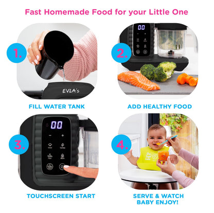 EVLA'S Baby Food Maker, Steamer, Blender, Baby Food Processor for Healthy Homemade Baby Food in Minutes, Touch Screen with 6 Reusable Food Pouches, Baby Registry Essential, White