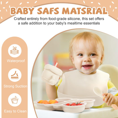 Silicone Baby Feeding Set, Baby Led Weaning Supplies, Silicone Suction Butterfly Plate, Bowl, Spoons, Fork and Waterproof Bib & Cloth Bib, Eating Utensils Baby Feeding Essentials (Purple)