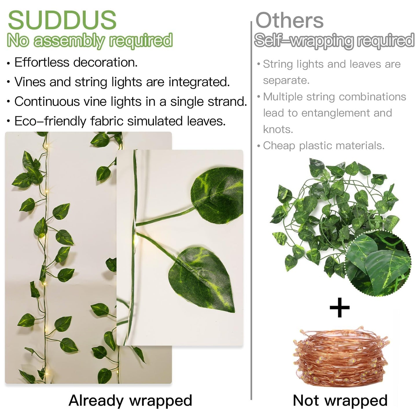 suddus Vine with Fairy Lights Battery Operated, 33ft 100 LED Ivy String Lights with Remote, Leaf Lights for Bedroom, Room, Wall, Garden, Party, Wedding Decor (Warm White)
