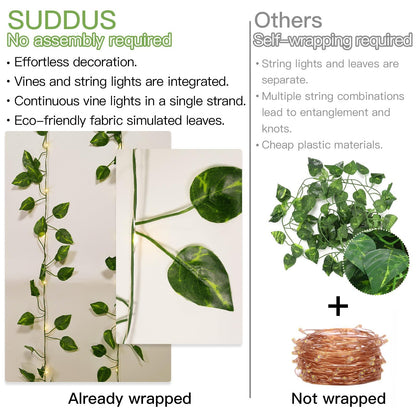 suddus Vine with Fairy Lights Battery Operated, 33ft 100 LED Ivy String Lights with Remote, Leaf Lights for Bedroom, Room, Wall, Garden, Party, Wedding Decor (Warm White)