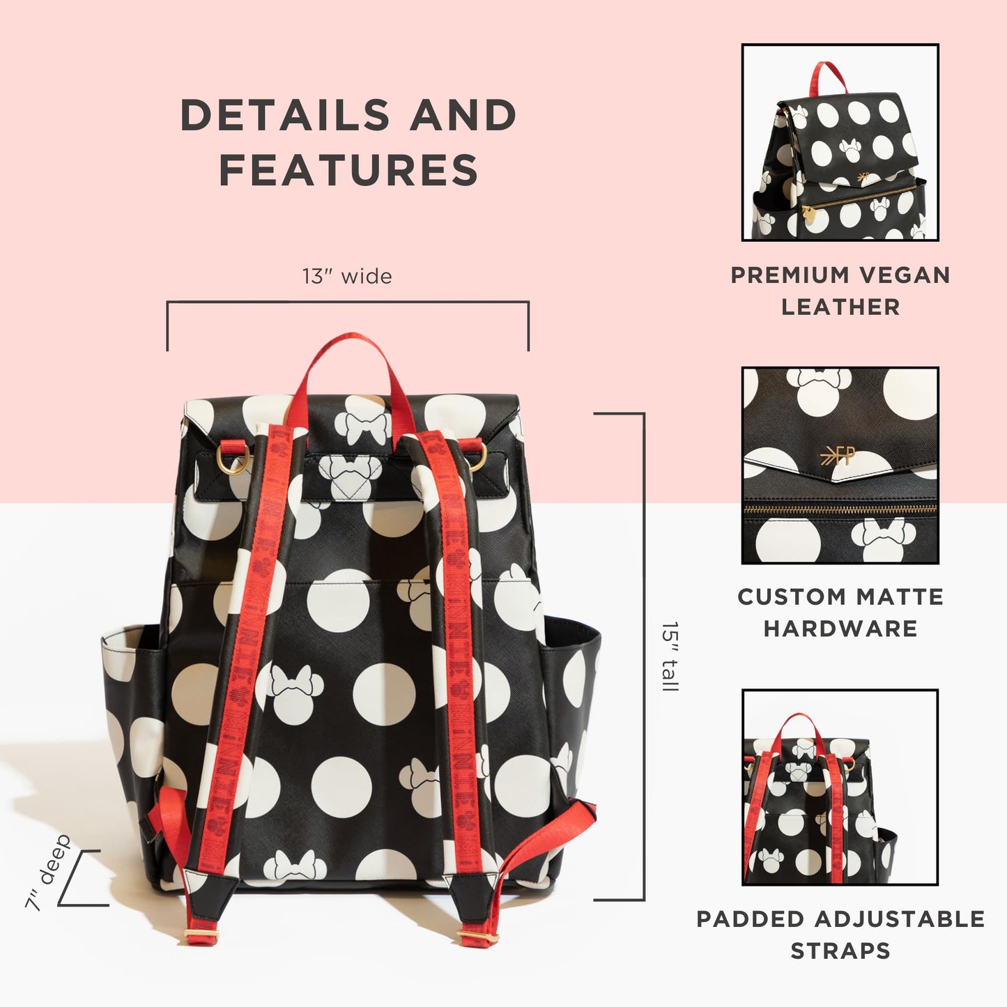 Freshly Picked Classic II Diaper Bag Backpack, Wipeable Vegan Leather With Changing Pad (Minnie Lots of Dots)