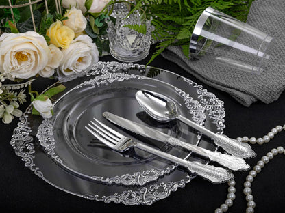 Morejoy 175PCS Rose Gold & Silver Plastic Dinnerware Set: 25 Plates, 25 Forks, 25 Knives, 25 Spoons, 25 Cups, 25 Napkins - Perfect for Wedding & Party