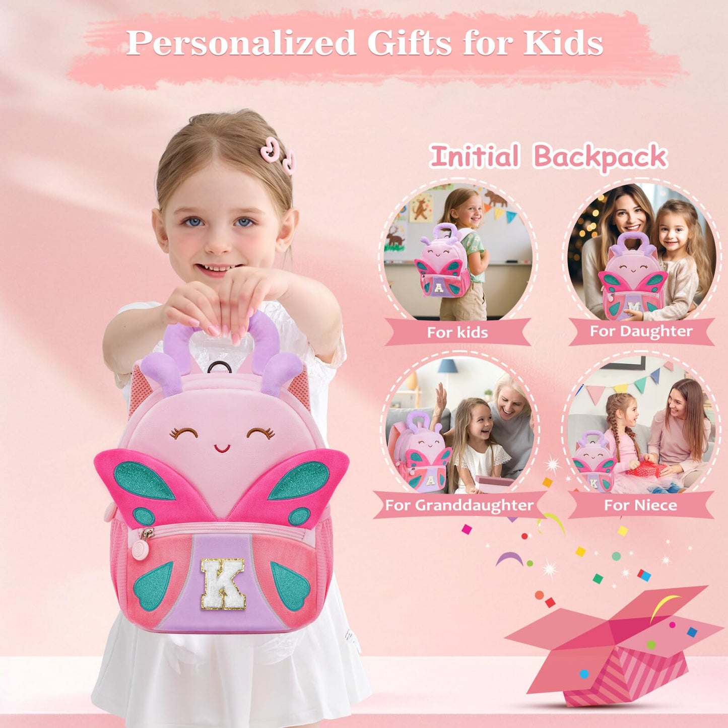 YOOLIFE Initial Birthday Gifts for Girls Kids Personalized Kids Backpack for Little Girls, Kindergarten Elementary School Bookbag for Girl Toddler Teen Gift for Daughter Sister Pink Backpack A