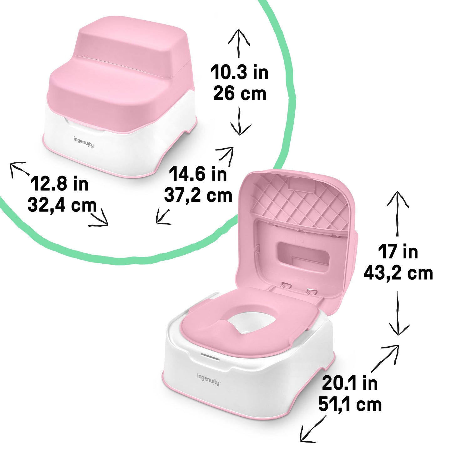 Ingenuity Prepare to Potty 3-in-1 System - Potty Training Toilet, Topper, Step Stool, Easy Setup, Pink, for Toddlers 18 Months+