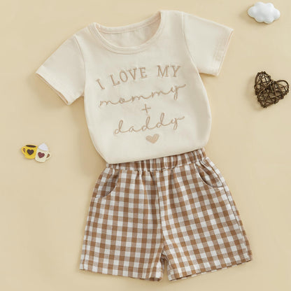 NZNDSHD Baby Boy Summer Clothes Daddys/Mamas Boy Matching Outfit Short Sleeve Embroidery T-shirt Plaid Toddler Shorts Set