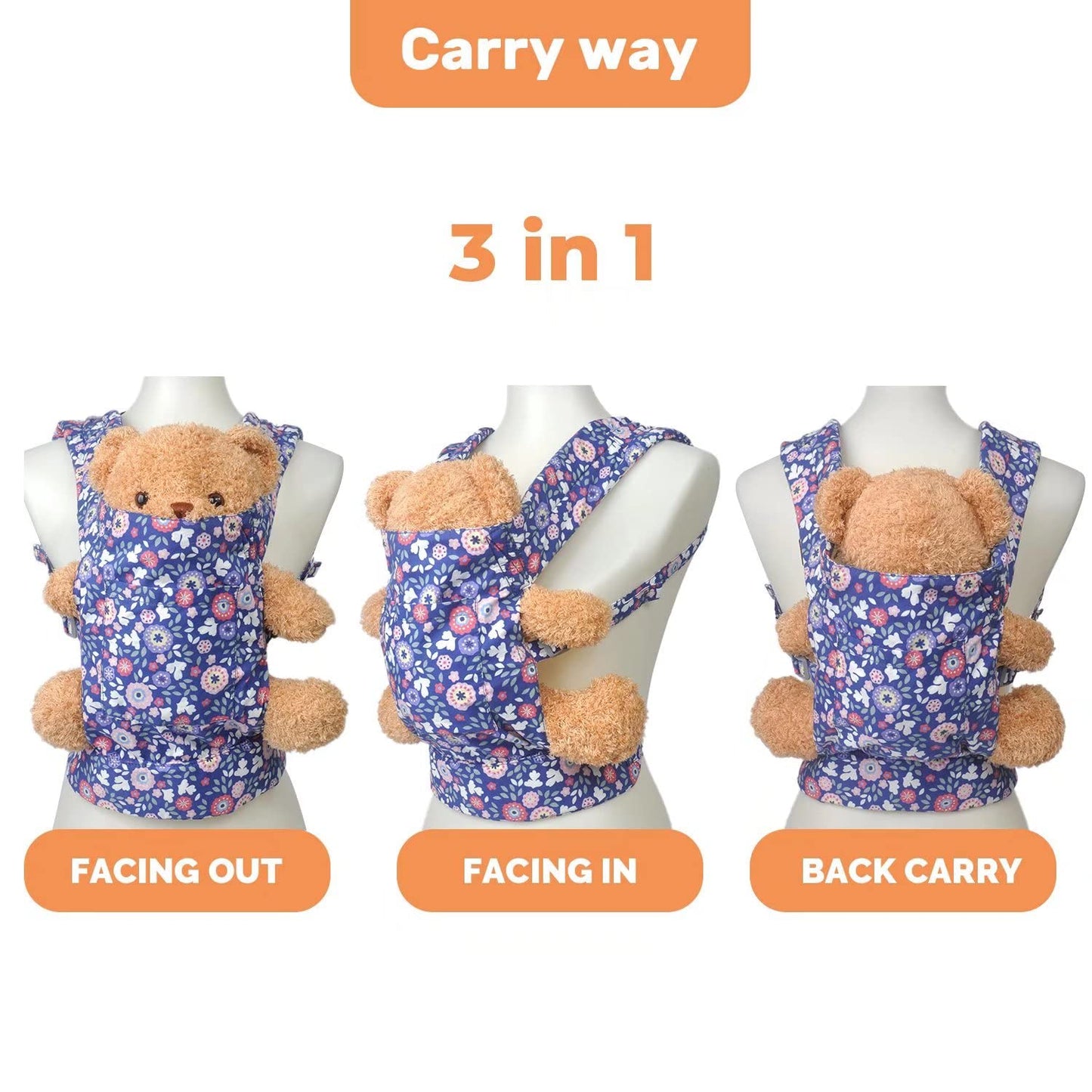 Baby doll carrier for baby girl Premiums soft straps and skin-friendly webbing stuffed animal carrier for kids and toddler facing in facing out and backpack 18 inch doll little flowers design