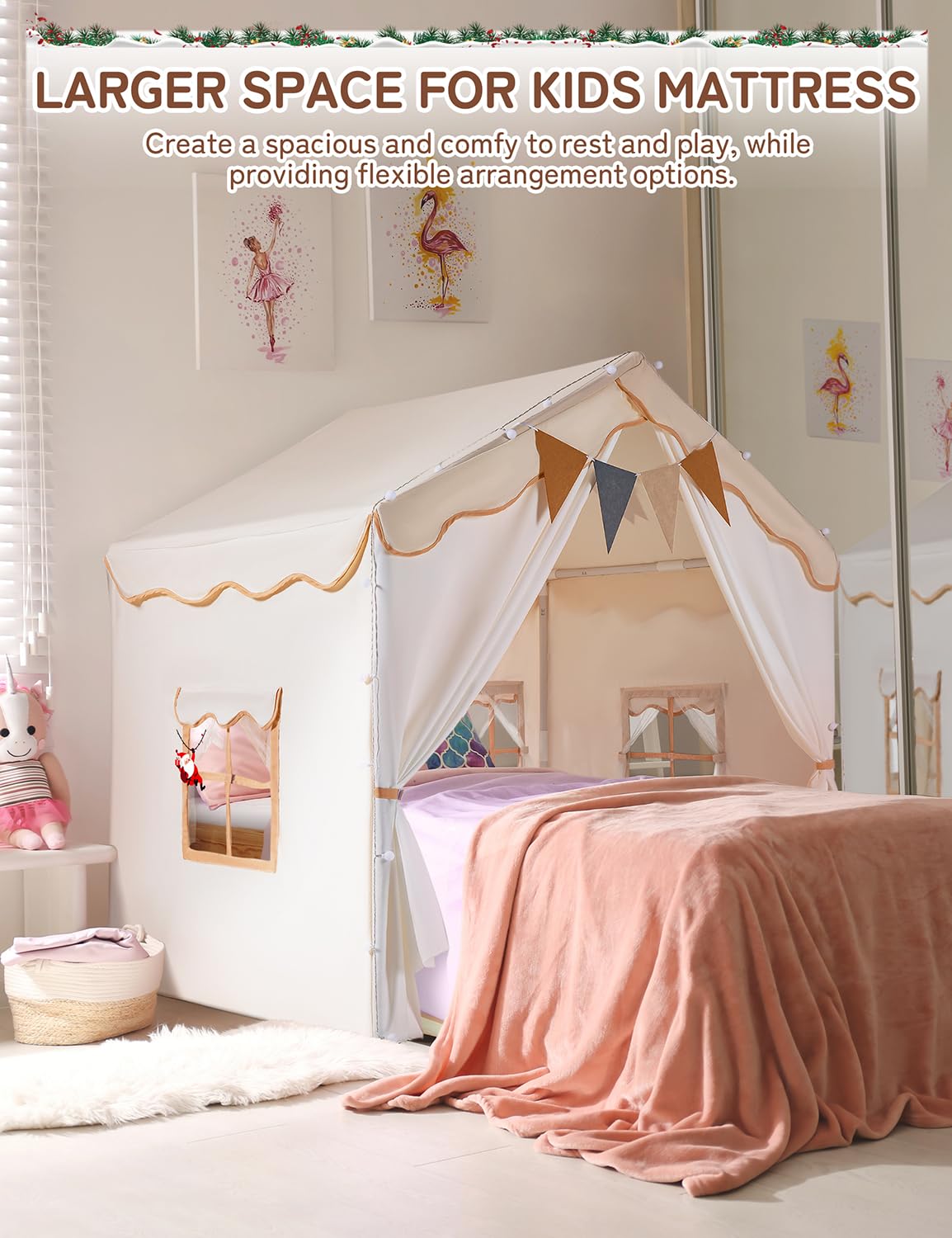 BESREY Kids Play Tent - 2 in 1 with Padded Mat & Lights, Large Playhouse with 2 Doors & 4 Windows, Indoor & Outdoor, Christmas Toddler Play Tent, 51" x 35" x 51
