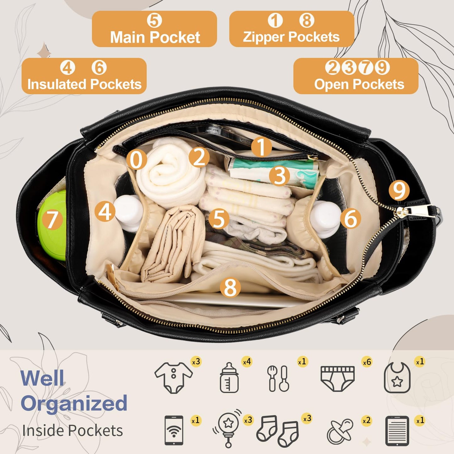 miss fong Diaper Bag Tote Leather Diaper Bag Backpack, Large Capacity Mommy Bag Hospital Bag, 12 Pockets Travel Diaper Tote with Changing Pad，Stroller Straps & Insulated Pockets for Mom & Dad-Brown