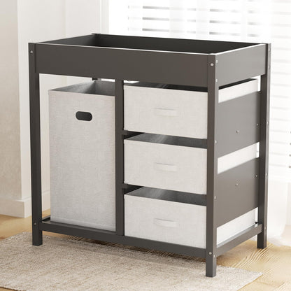 KORIMEFA Baby Changing Table, Baby Diaper Changing Station Dresser with Laundry Hamper, 3 Drawer Basket and Changing Pad, Grey