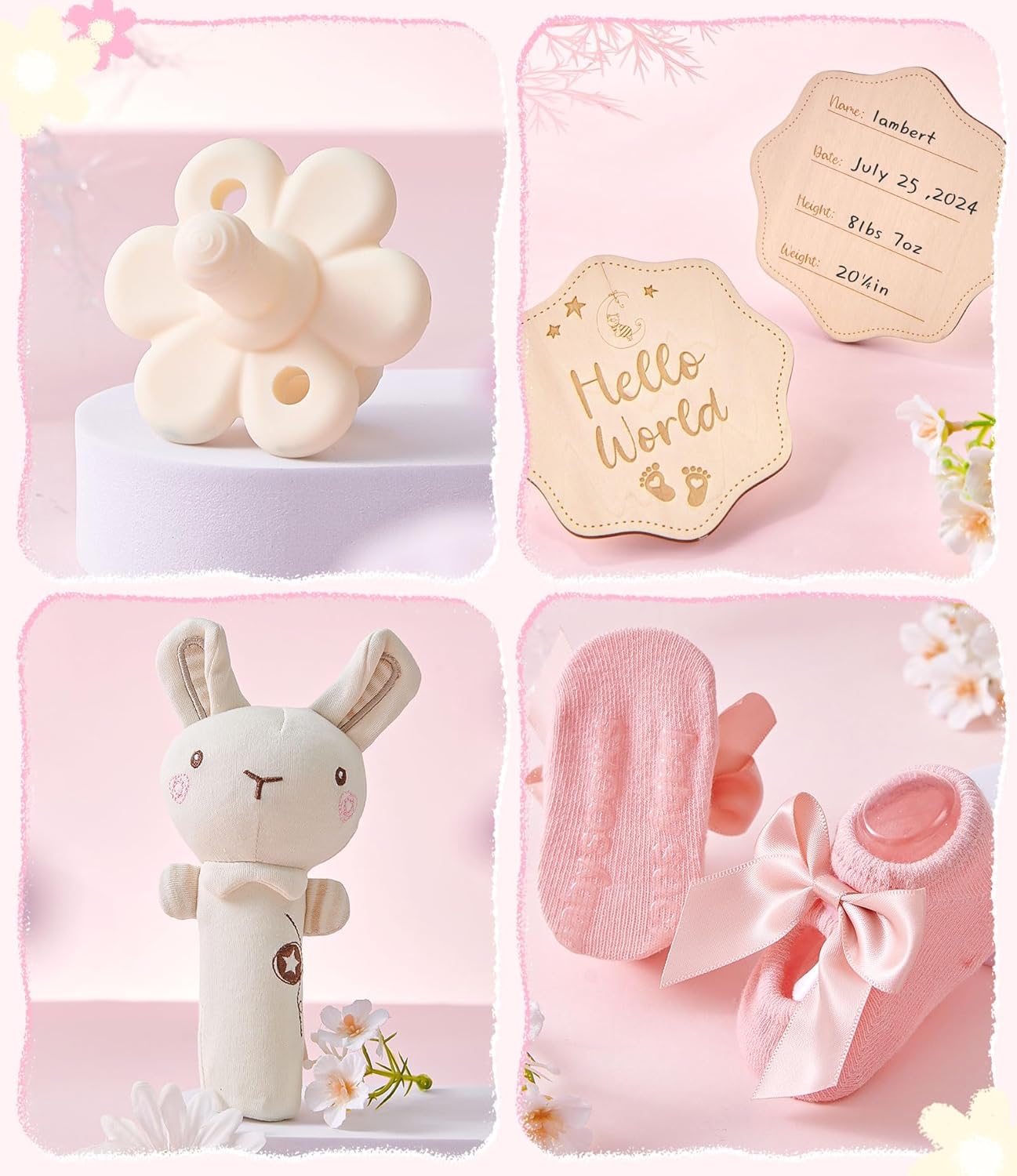Golray 9pcs Baby Girl Gifts, Baby Shower Gifts for Girls Baby Toys 0-6 Months with Bunny Rattle, Blanket/Onesies/Headband/Socks, New Born Essential Stuff, Gender Reveal Ideas Infant Baby Gift Basket