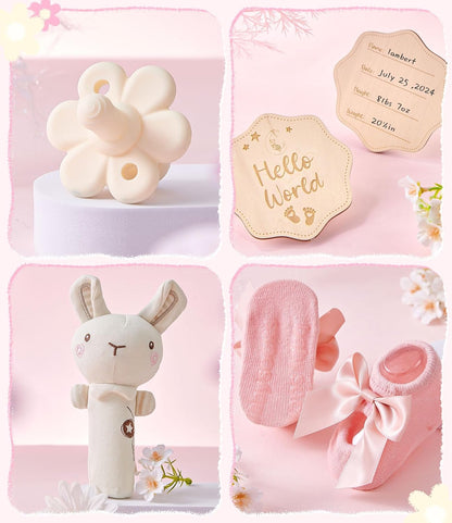 Golray 9pcs Baby Girl Gifts, Baby Shower Gifts for Girls Baby Toys 0-6 Months with Bunny Rattle, Blanket/Onesies/Headband/Socks, New Born Essential Stuff, Gender Reveal Ideas Infant Baby Gift Basket