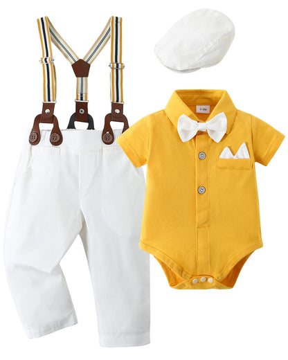 YALLET Baby Boy Clothes Suit Newborn Infant Gentleman Outfits, Formal Dress Shirt+Bowtie+Suspender Shorts Wedding Party Set