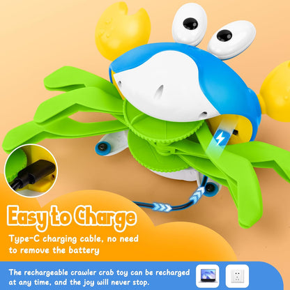 Crawling Crab Baby Toy, Increase Baby's Tummy Time Crab, Inspire Crawling, Automatic Obstacle, Rechargeable, Music, Speed Adjustment, Recording, Dancing Crab Toy for Kid's Sensory Development