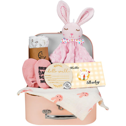 Baby Gift Basket, Newborn Baby Boy Gift Basket, Multiple Pieces Newborn Essentials for New Baby Gifts Basket Set with Baby Blanket, Baby Bunny Rattle, Keepsake Milestone, Elephant Toy, Baby Socks