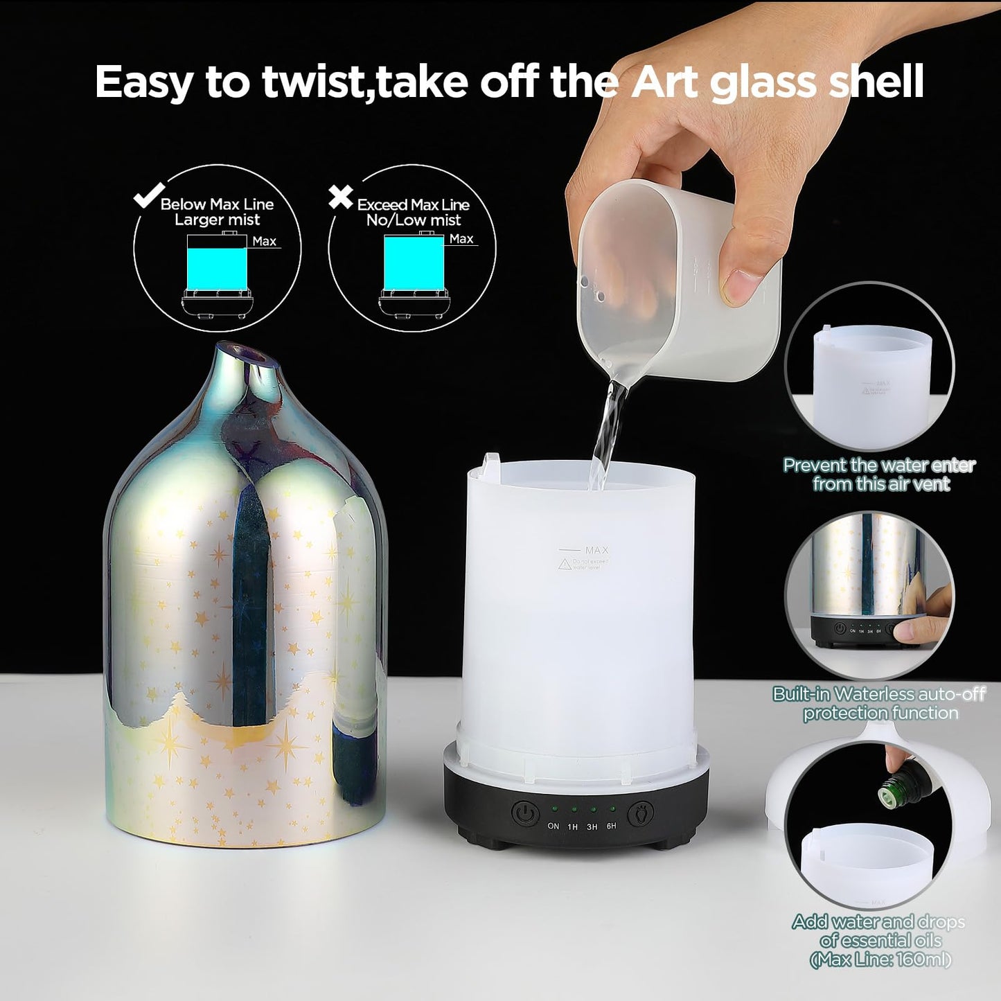 Essential Oil Diffuser Hand Blown Glass Aromatherapy Diffuser - Ultrasonic Cool Mist Scent Aroma Diffuser, Whisper Quiet with Auto Shut-Off, Timer Setting &7 Colors Night Light for Home