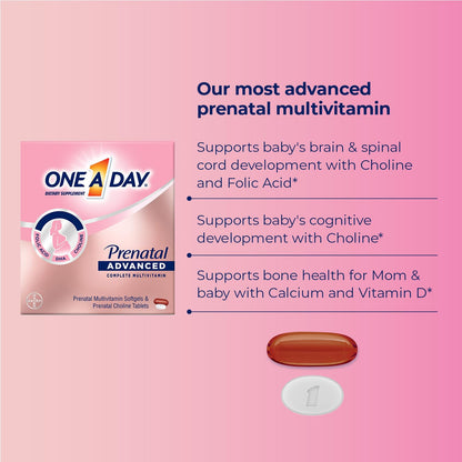 ONE A DAY Women’s Prenatal Advanced Complete Multivitamin with Brain Support* with Choline, Folic Acid, Omega-3 DHA & Iron for Pre, During & Post Pregnancy, 60+60 Ct (120 Total) (Packaging May Vary)