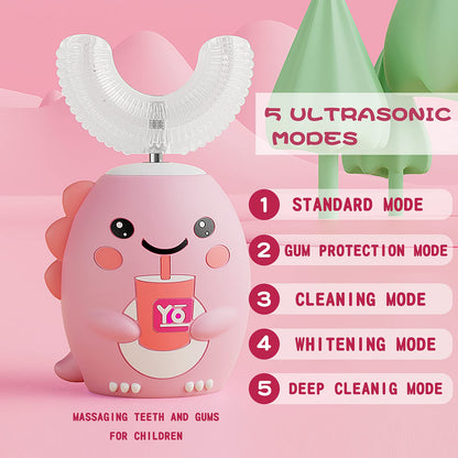 Kids U Shaped Electric Toothbrush with 4 Brush Heads, Sonic Toothbrush Kids with 5 Modes, Cartoon Dinosaur 360-Degree Cleaning IPX7 Waterproof Design (2-6 Age (Blue))