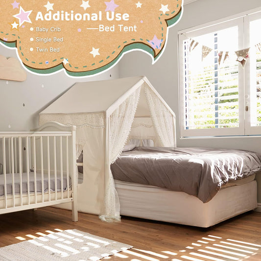 Play Tent for Kids with Star Lights, Large Kids House Indoor & Outdoor, Castle Tent for Girls Decorated Sequin Sparkle Stars, Playhouse with Front & Rear Doors for Toddler, Boho Decor