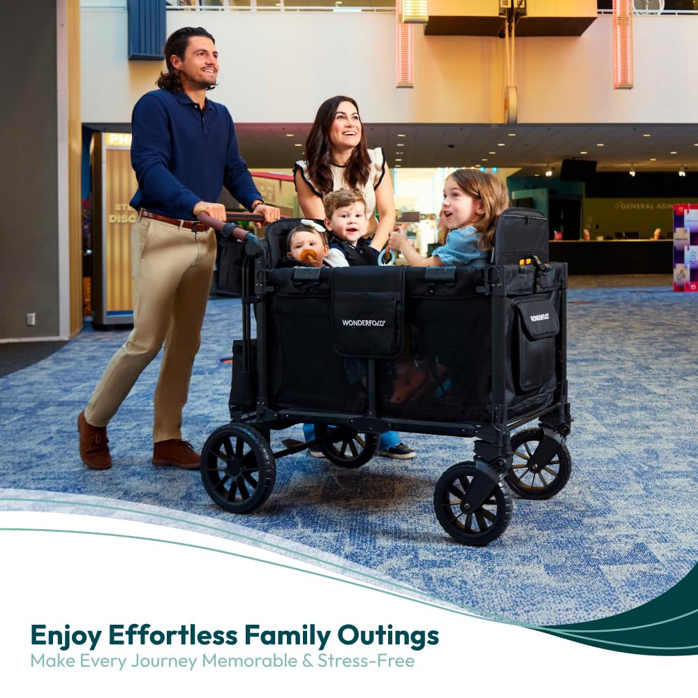 WONDERFOLD W4 Luxe Quad Stroller Wagon Featuring 4 High Face-to-Face Seats with Magnetic Buckle 5-Point Harnesses and Adjustable/Removable UV-Protection Canopy, Hunter Green