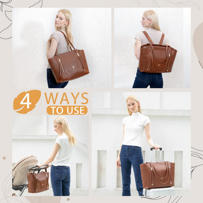 miss fong Diaper Bag Tote Leather Diaper Bag Backpack, Large Capacity Mommy Bag Hospital Bag, 12 Pockets Travel Diaper Tote with Changing Pad，Stroller Straps & Insulated Pockets for Mom & Dad-Brown