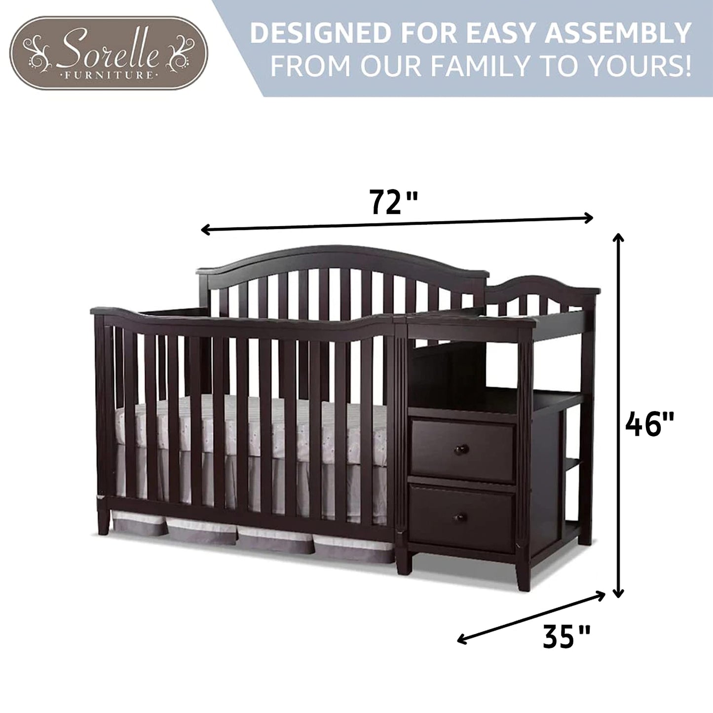SORELLE FURNITURE Berkley Crib and Changer with Slat Panel Back Classic -in- Convertible Diaper Changing Table Non-Toxic Finish Wooden Baby Bed Toddler Childs Daybed Full-Size Nursery - White