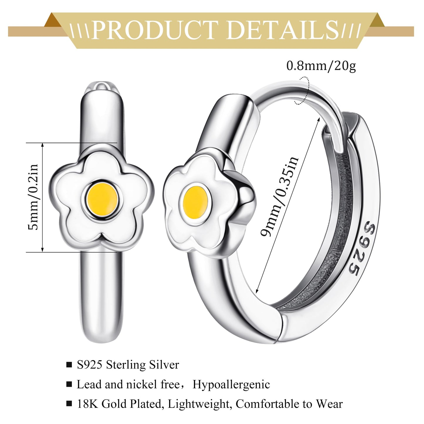 MILACOLATO 925 Sterling Silver Small Hoop Earrings Toddler 18K Gold Plated Daisy Earrings Pink Yellow FLower Huggie Hoop Earrings for Women Hypoallergenic Earrings for Sensitive Ears