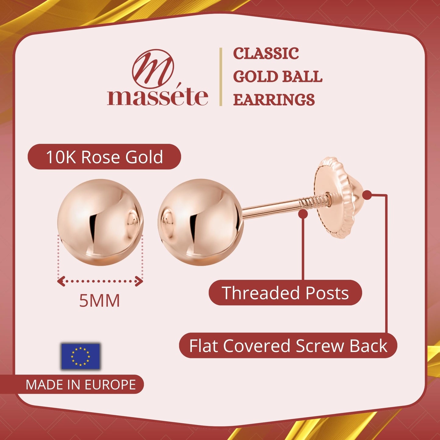MASSETE Gold Ball Stud Earrings for Women and Girls Screwback | 10k, 14k, 18k | White Yellow or Rose Gold | 3mm 4mm 5mm | Nickel Free