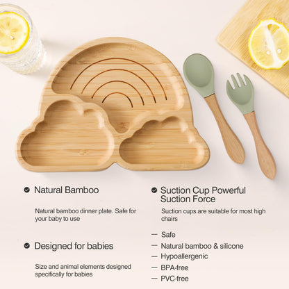 Bamboo Suction Plates Bowls Set for Baby Toddler Divided Platter Food bowl with Silicone Fork & Spoon All-Natural Baby Feeding Set for Baby-Led Weaning, Non-Slip Design