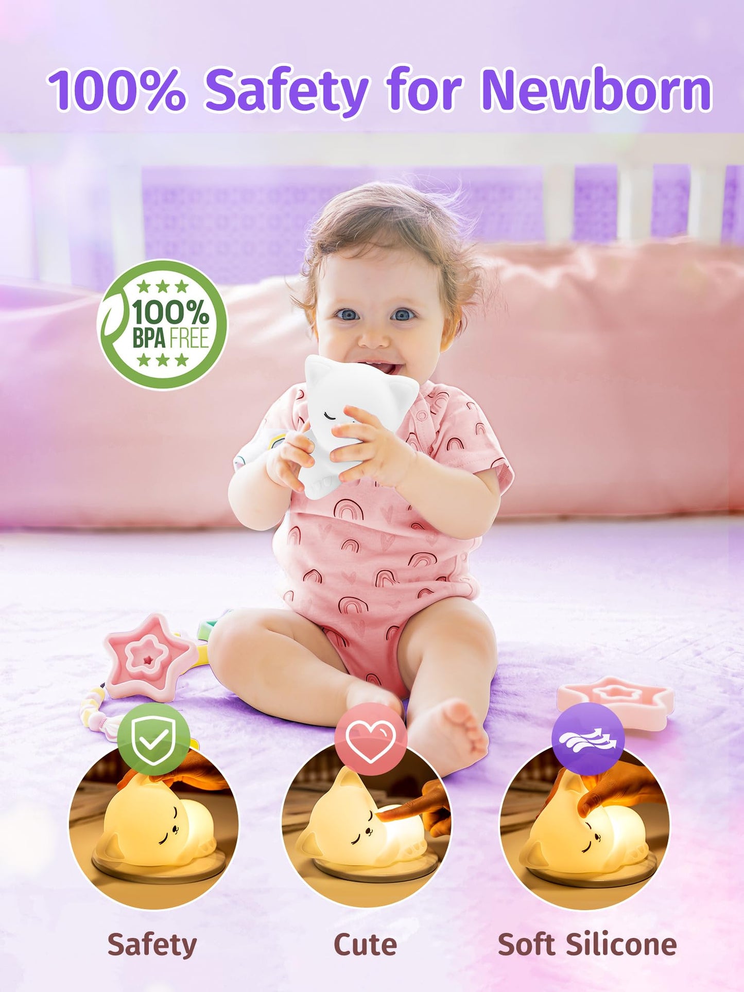 Mubarek Night Light for Kids, 16 Colors Dimmable Kids Night Light lamp, Remote Silicone Night Light for Baby Nursery, Rechargeable Cute Lamp Cat Lamp,Timer Toddler Night Light,Nightlight for Kids Room