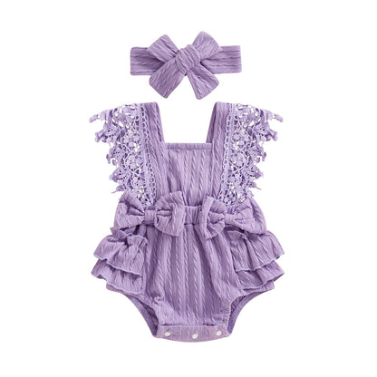 Newborn Baby Girl Lace Romper Ruffle Sleeveless Backless One Piece Jumpsuit Bodysuit with Headband Summer Clothes